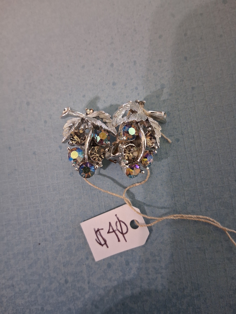 Aurora Borealis Rhinestone Leaf Clip Earrings - Silver Tone